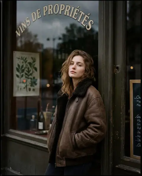 Photo of a girl in retro leather clothes on the streets of Paris at twilight