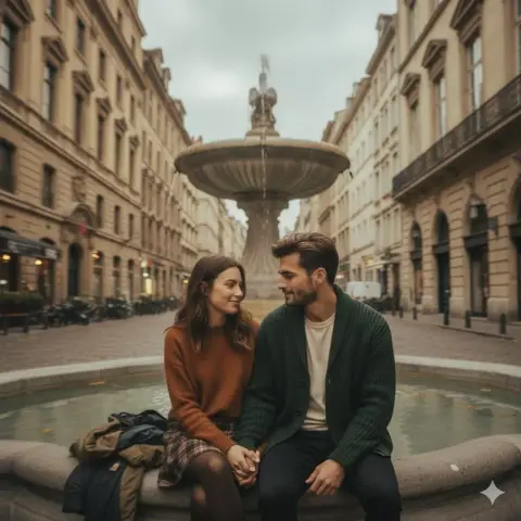 Photo of a romantic couple beside a fountain under the warm autumn sun on the streets of Paris
