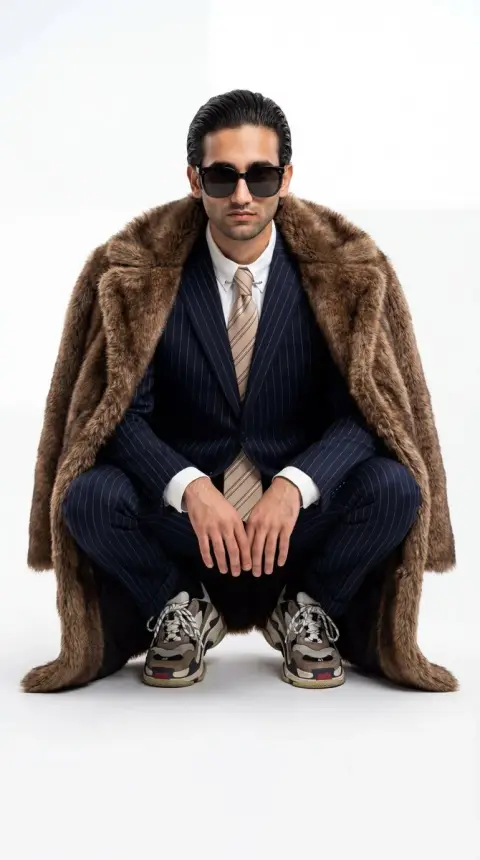 Photo of male model in luxury fur suit squatting