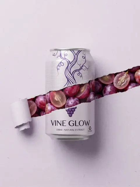 Photography of juice cans with fresh fruit bursting out of the paper