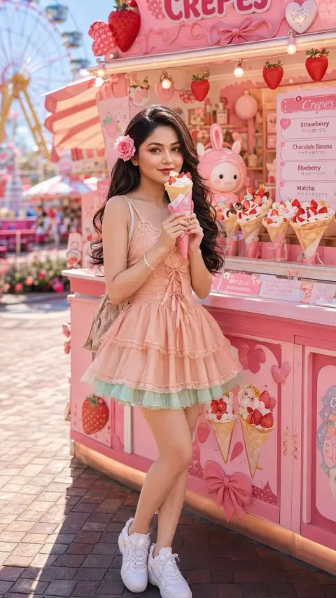 Photos of beautiful Asian girls at a crepe stall in an amusement park