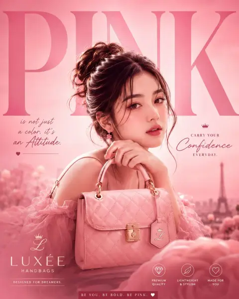 Pink aesthetic luxury handbag girl advertisement
