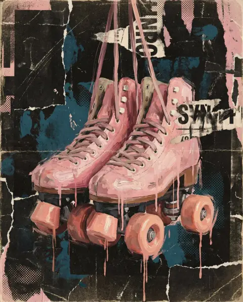 Pink roller skates in brush strokes