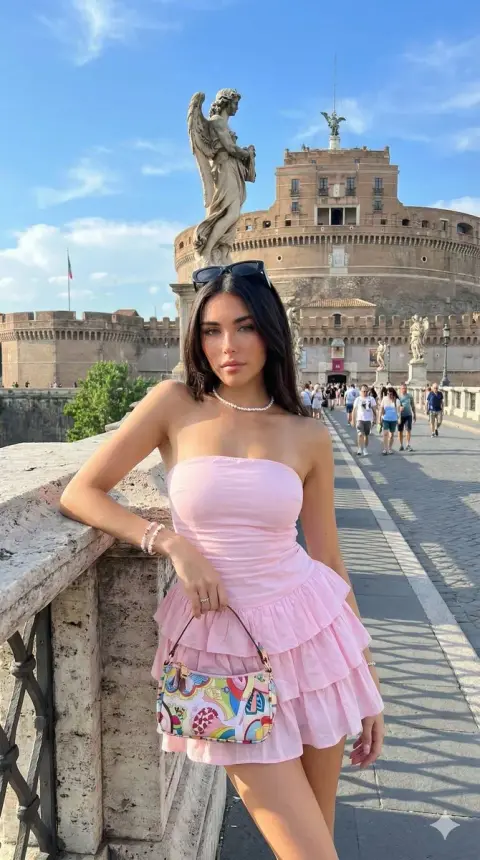 Pink summer street photography by Angel Bridge in Rome