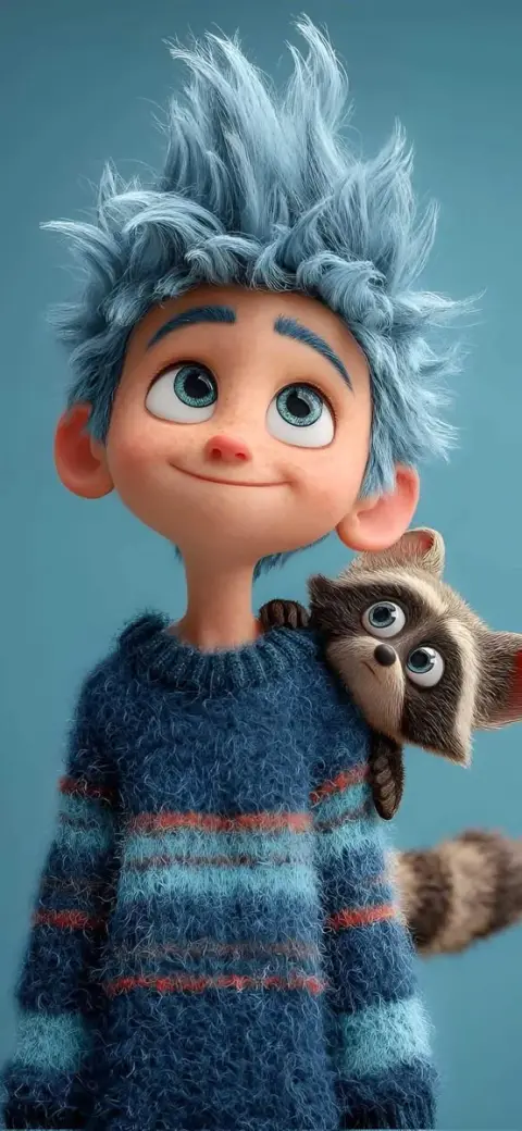 Pixar-style blue-haired boy and cute pet on his shoulder