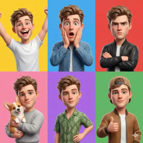 Pixar-style boy six-square expression set