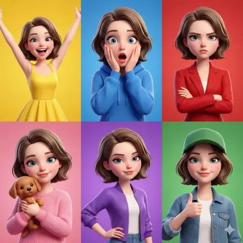 Pixar style girl six-square grid variety of expressions set