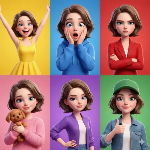 Pixar style girl six-square expression display