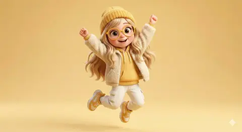 Pixar-style sunshine girl's energetic jumping moments