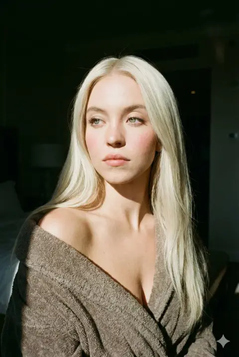 Platinum girl in lazy bathrobe under the morning light