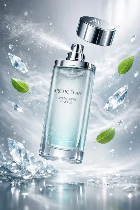 Platinum luxury mouthwash surrounded by suspended ice mist