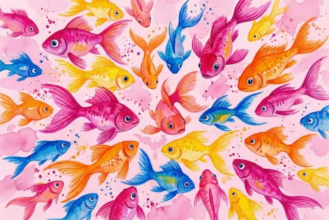 Playful colorful fish under watercolor brushstrokes