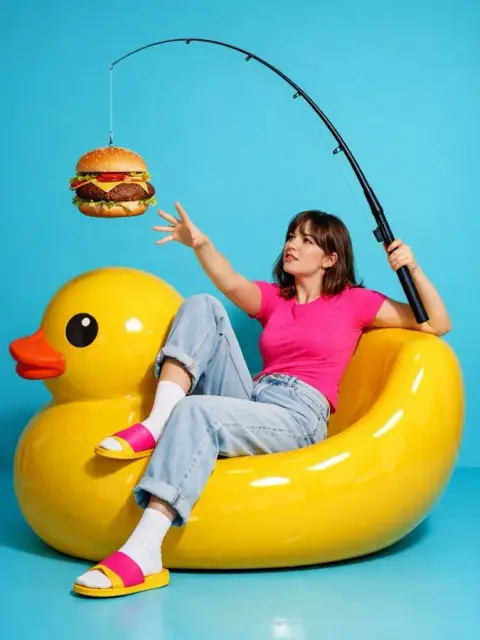 Playful girl fishing for burger pop art photo