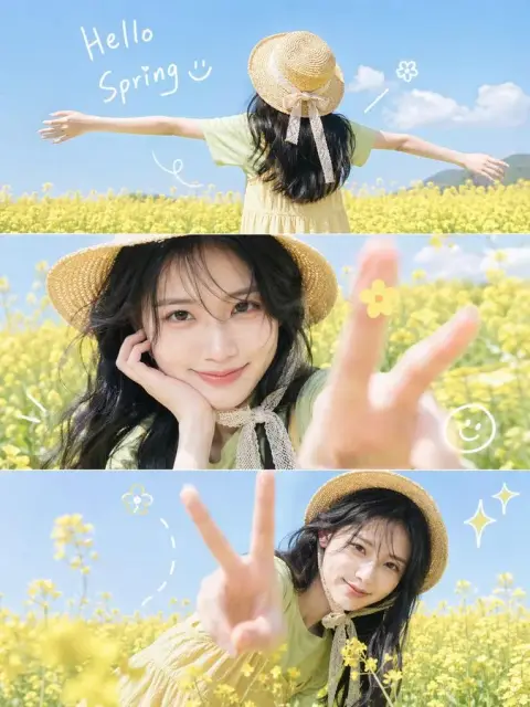 Playful girl in spring flower field
