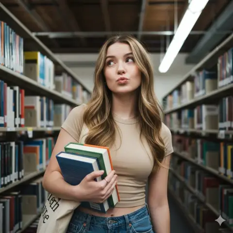 Playful pouting artistic curly-haired girl in the library