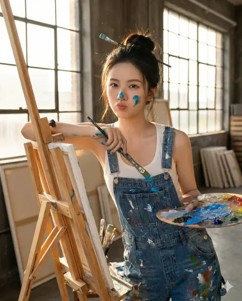 Playful young female painter pouting in the studio in the afternoon sunshine