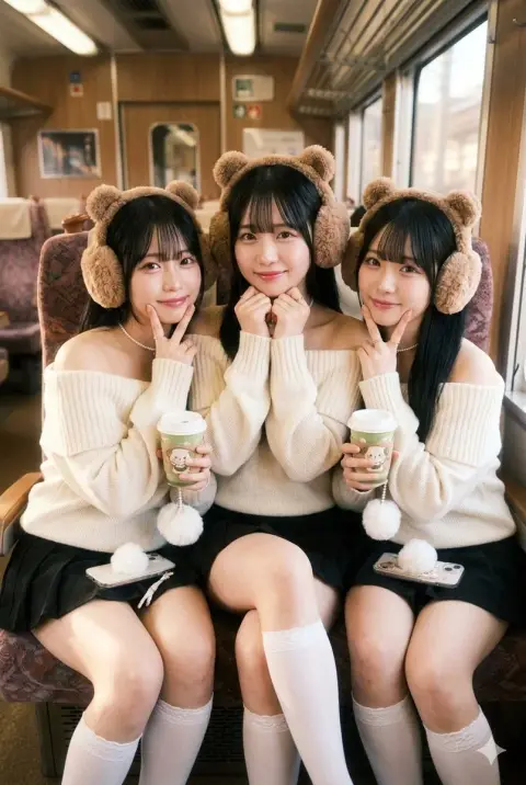 Plush bear earmuffs and the warm train time of the three sisters