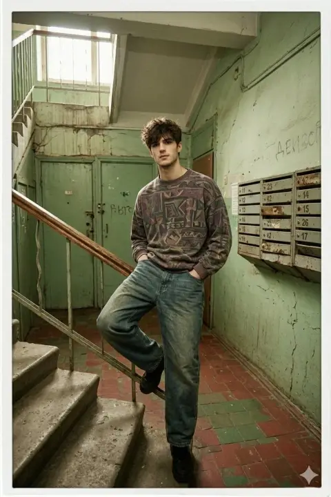 Polaroid male model in the Russian corridor in the 1990s