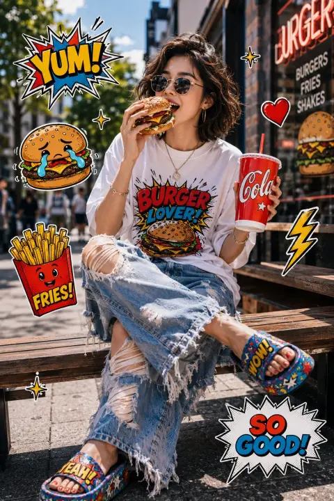 Pop art style fashionable asian girl eating burger