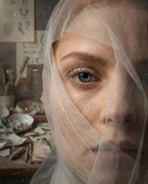 Porcelain Sigh: Macro Portraits intertwined with tulle and dust