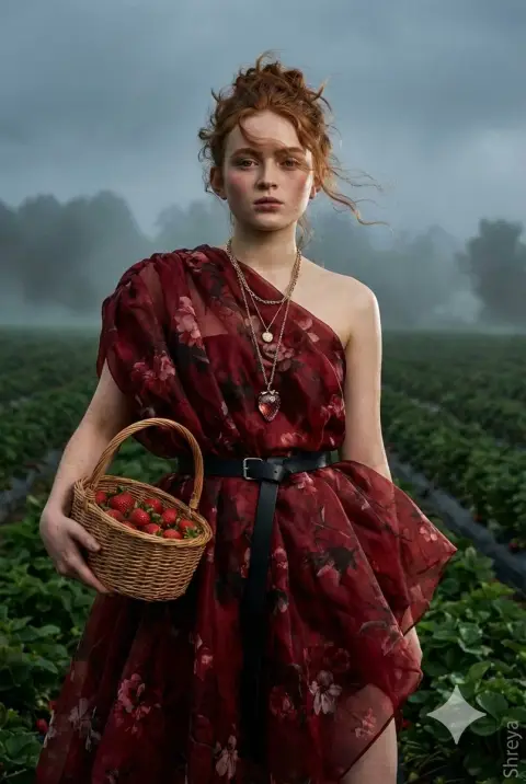 Portrait in haute couture red dress in Misty Strawberry Fields