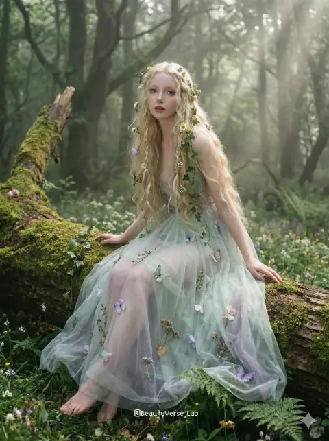 Portrait of a beautiful flower fairy in the misty forest at dawn