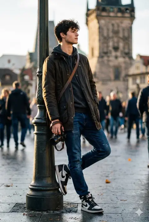 Portrait of a street traveler under the shadow of golden sunset