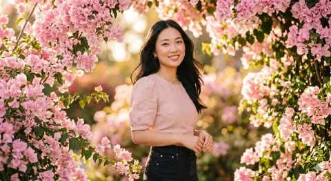 Portrait of dreamy girl with blooming flowers