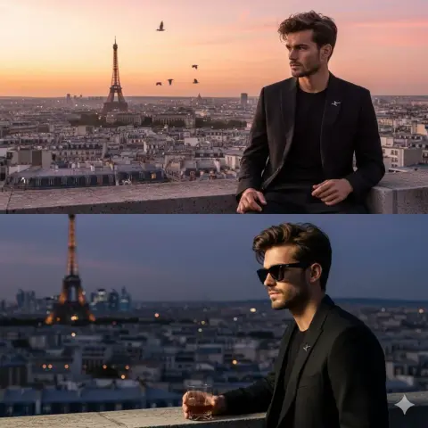 Portrait of elegant gentleman at sunset in Paris