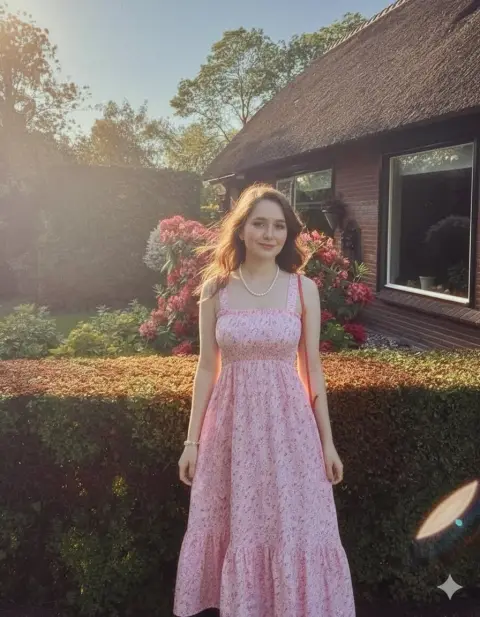 Portrait of girl in pink dress in English garden
