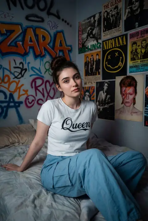 Portrait of grunge girl in front of graffiti wall