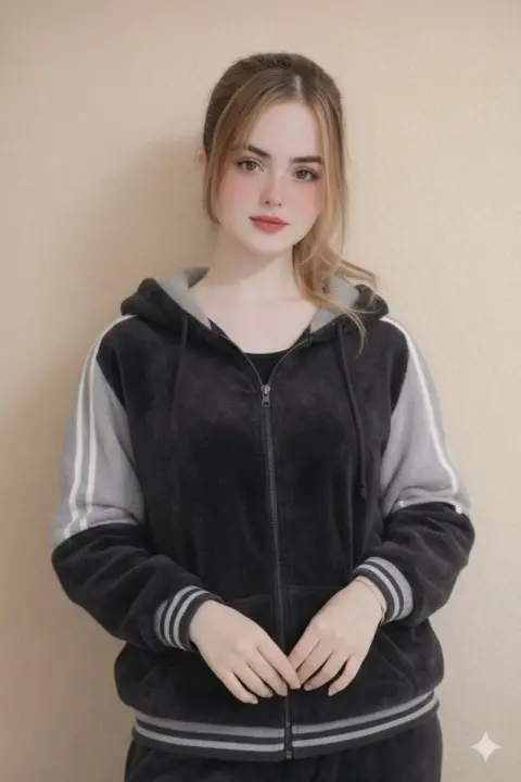 Portrait of innocent girl under velvet sportswear