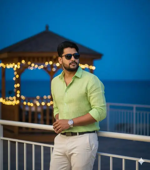 Portrait of luxury gentleman on seaside balcony during blues hour