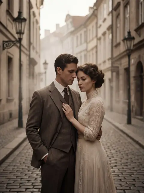 Portrait of romantic couple on the streets of Edwardian Europe