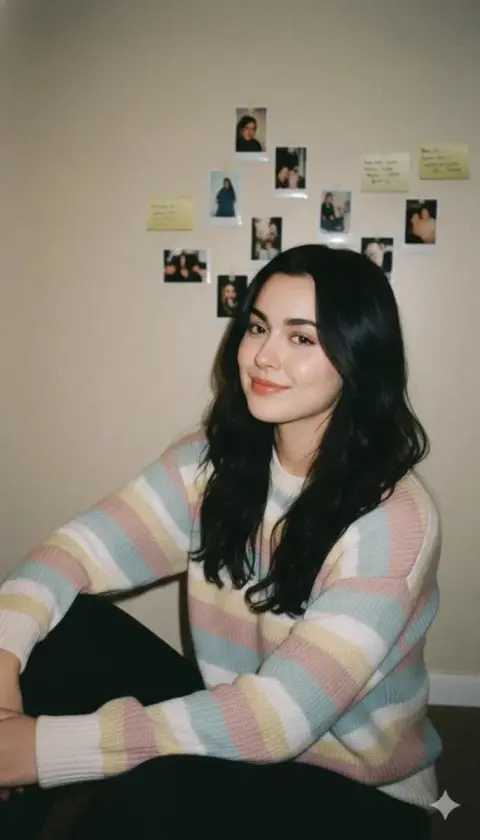 Portrait of warm and healing young girl wearing striped sweater indoors