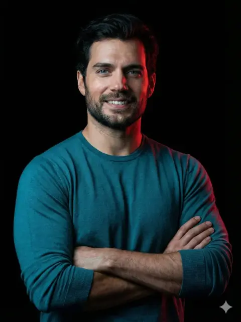 Portrait of young Indian man with red and blue light and shadow on pure black background