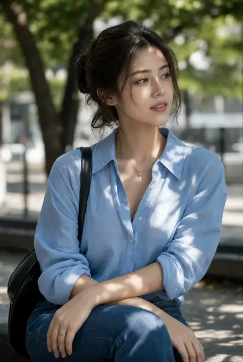 Portrait of young Asian woman in park under sunlight outdoors
