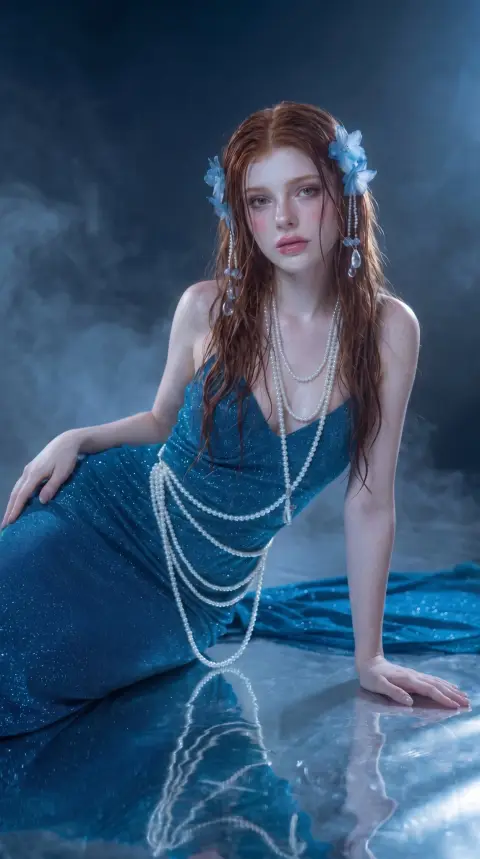 Portrait photography of dreamy red-haired girl with pearl accessories in sapphire tones