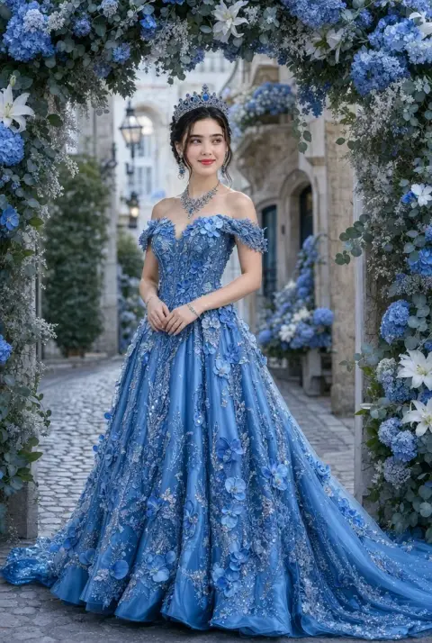 Portrait under blue silk dress and flower arch