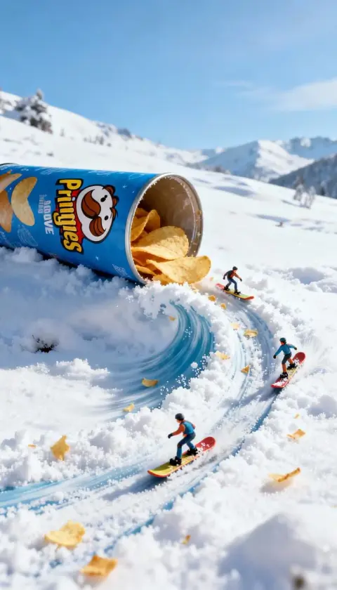 Potato chips spilled on the snowy mountain turned into a miniature ski track