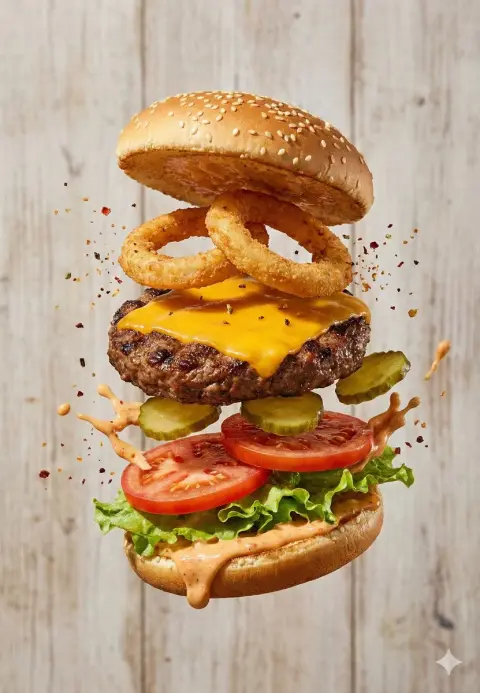 Premium commercial photography of suspended deconstructed burgers