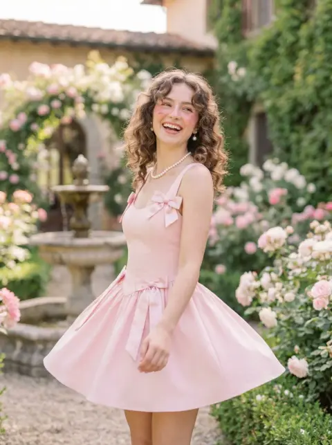 Pretty girl in pink skirt in the rose garden