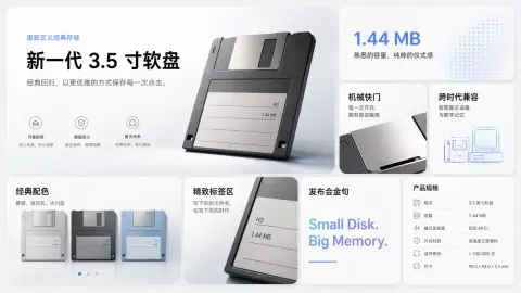 Promotional image of Apple style floppy disk launch conference