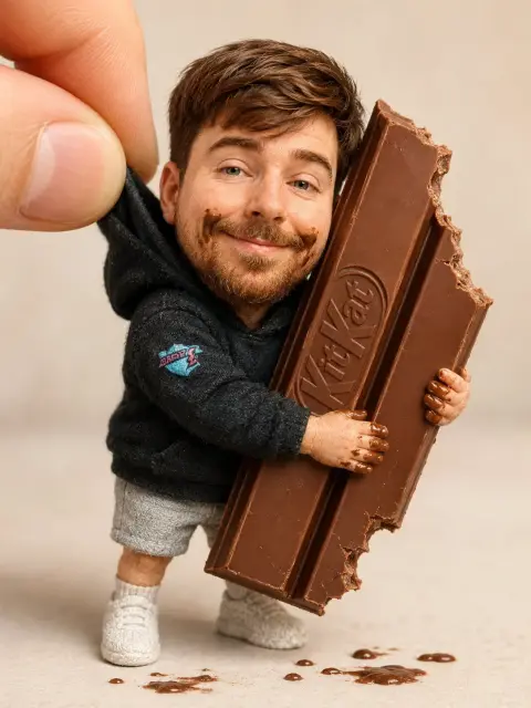 Prompt word for handmade puppet holding a giant chocolate bar