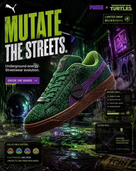 PUMA Teenage Mutant Ninja Turtles co-branded high-end street sneaker advertisement