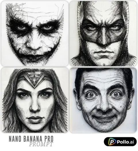 Pure black thread art hyper-realistic portrait