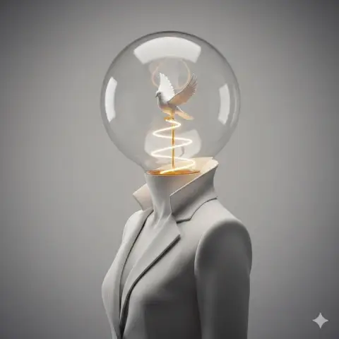 Pure white birds and people sitting in light bulbs in dreamy light and shadow