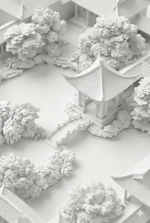 Pure white relief clay style Chinese garden miniature landscape
