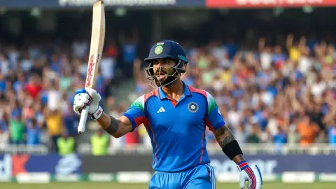 Q version of cute Virat Kohli's bat swing with dynamic light and shadow at the stadium