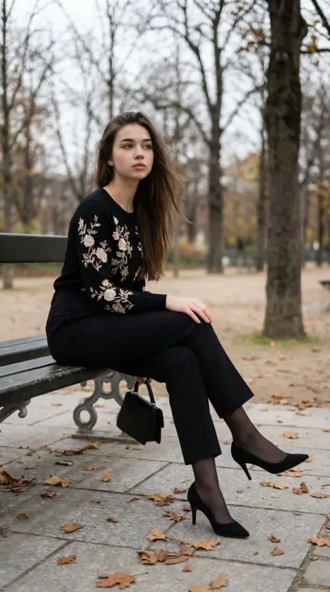 Quiet and elegant portrait on a bench in late autumn park